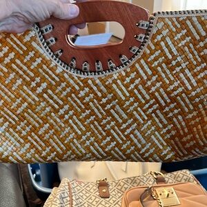 Brown and Tan Geometric Tote Bag with Leather Trim